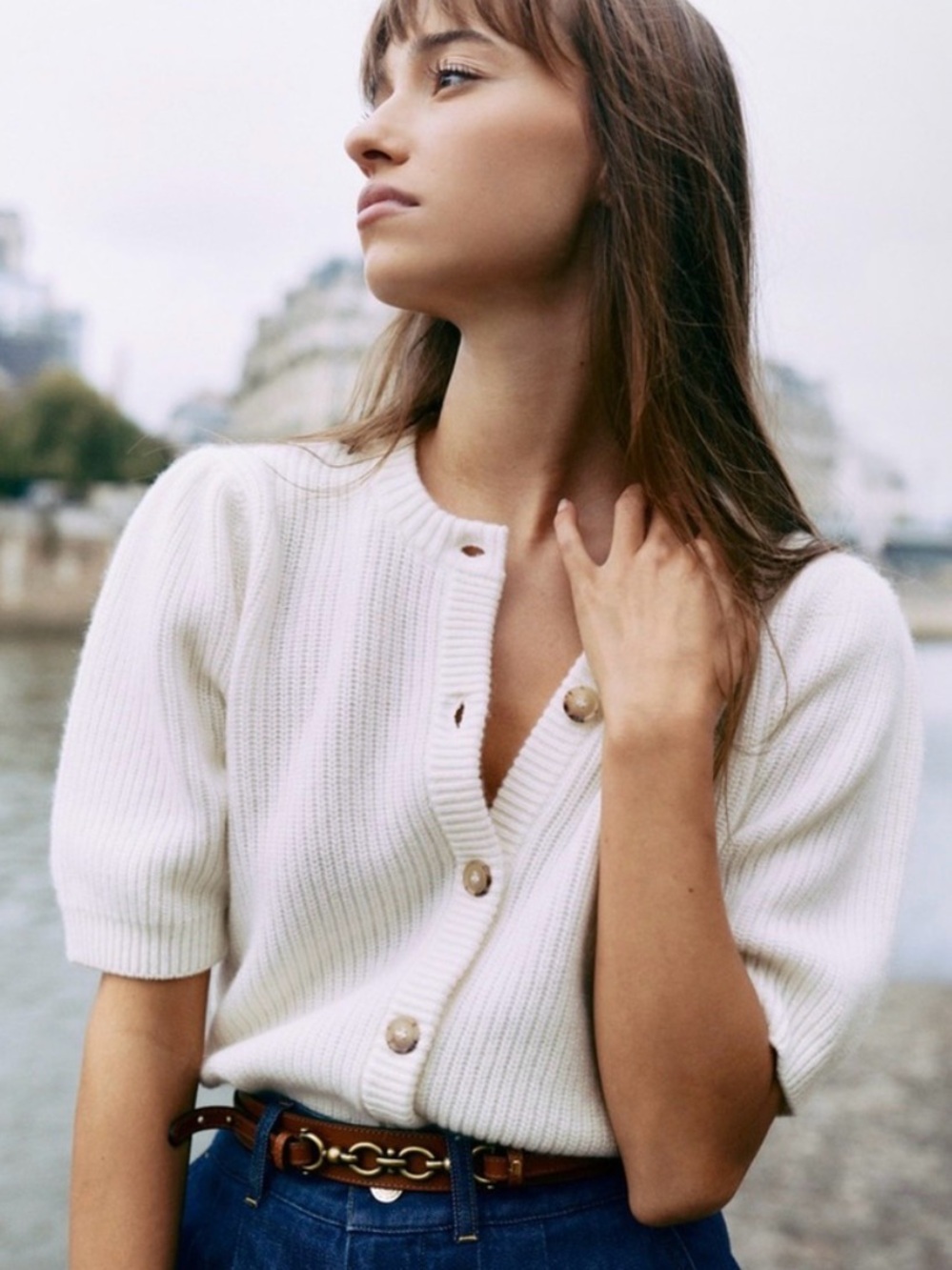Frame Denim Cashmere Wool Blend Short-Sleeve Ribbed Button Cardigan - White S